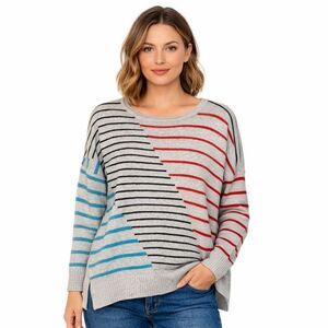 NIC+ZOE Sweater Womens XL Gray Multi Stripe Crew Neck Pullover Asym Hem Knit